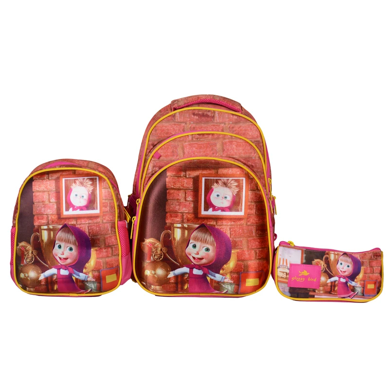 کوله پشتی گلاسی برد مدل ماشا و میشا به همراه کیف غذا و جامدادی